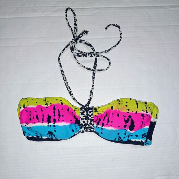 Old Navy Neon Graffiti Halter Bikini Top-Small-Lined-Removable Pads-Shirred Side - Picture 1 of 7